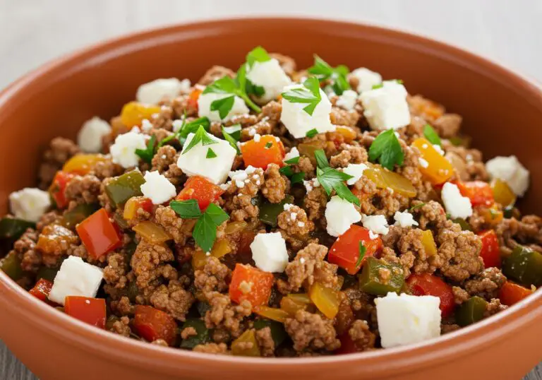 Delicious Mediterranean ground beef stir fry served in a bowl, garnished with herbs and feta cheese, highlighting the vibrant flavors.