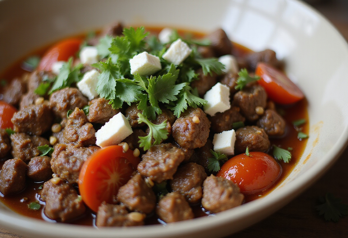 Delicious Mediterranean ground beef stir fry served in a bowl, garnished with herbs and feta cheese, highlighting the vibrant flavors.
