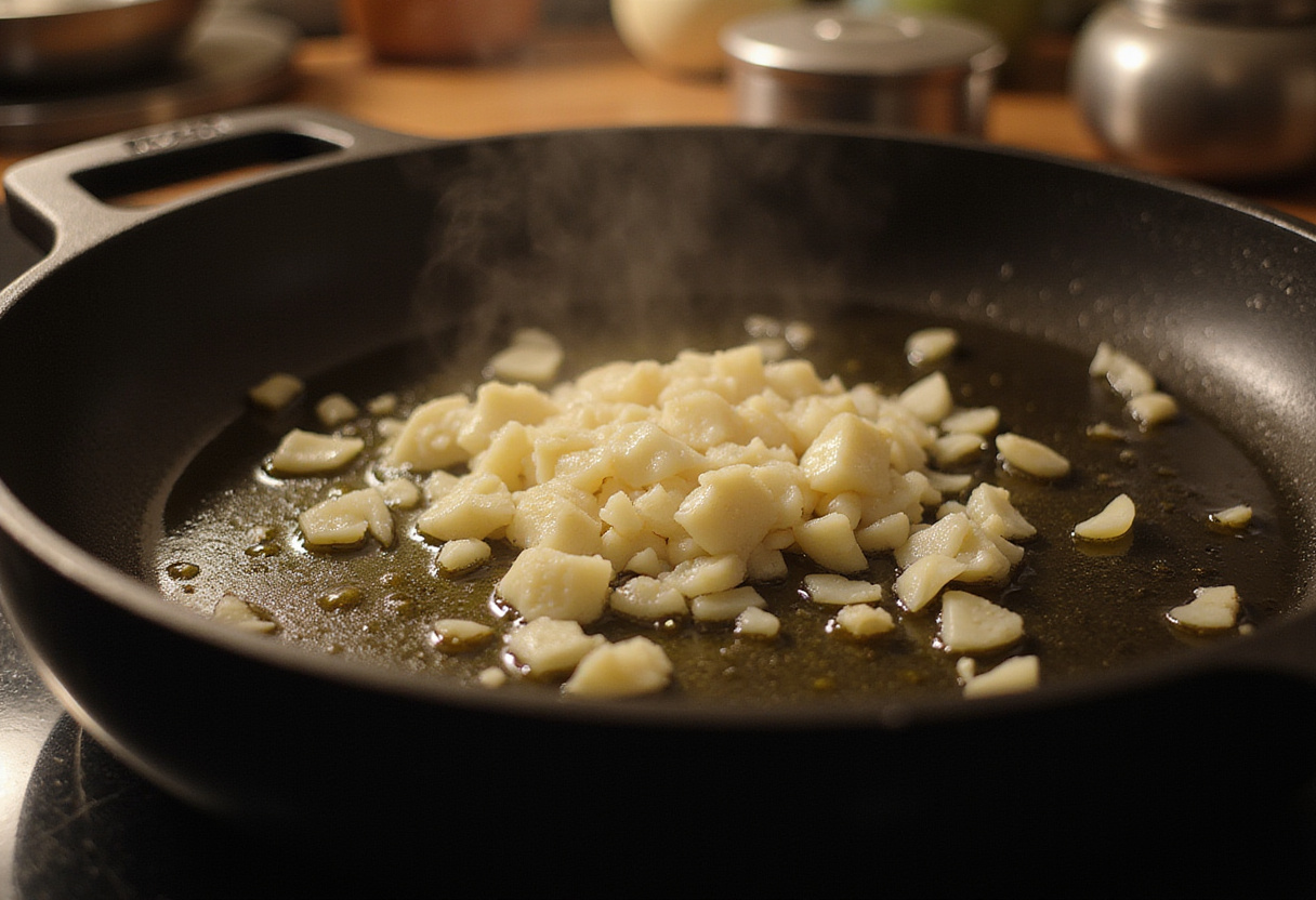 Mediterranean ground beef stir fry preparation with sizzling onions and garlic in a skillet, cozy kitchen atmosphere.