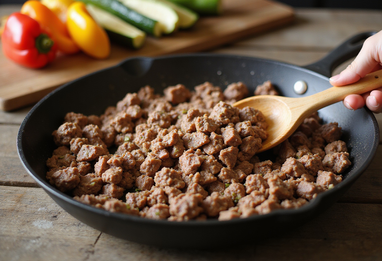 Ground beef being cooked in a skillet with fresh vegetables ready for Mediterranean stir fry, showcasing the ingredients.