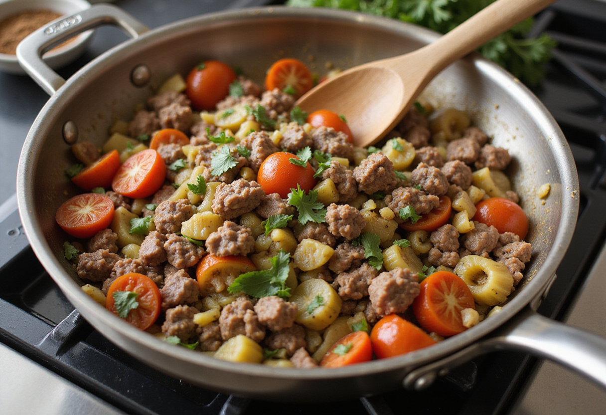 Cooking Mediterranean ground beef stir fry with a wooden spoon, herbs and spices ready for flavor enhancement, vibrant ingredients.