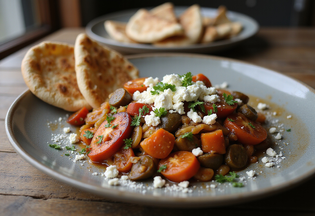 Mediterranean ground beef stir fry beautifully plated with feta cheese and pita bread, capturing the essence of the dish.