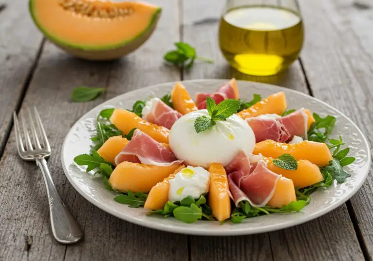 Final display of Melon-Burrata-Prosciutto Salad, highlighting the colorful and fresh ingredients in a stunning presentation.