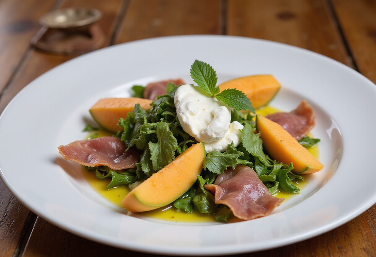 Final display of Melon-Burrata-Prosciutto Salad, highlighting the colorful and fresh ingredients in a stunning presentation.