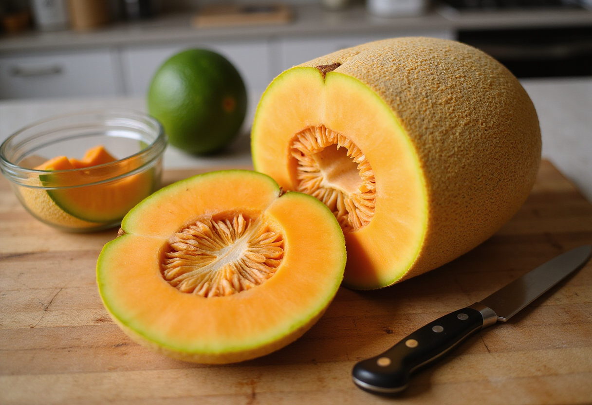 Freshly cut cantaloupe for Melon-Burrata-Prosciutto Salad, highlighting the juicy orange interior and preparation process.