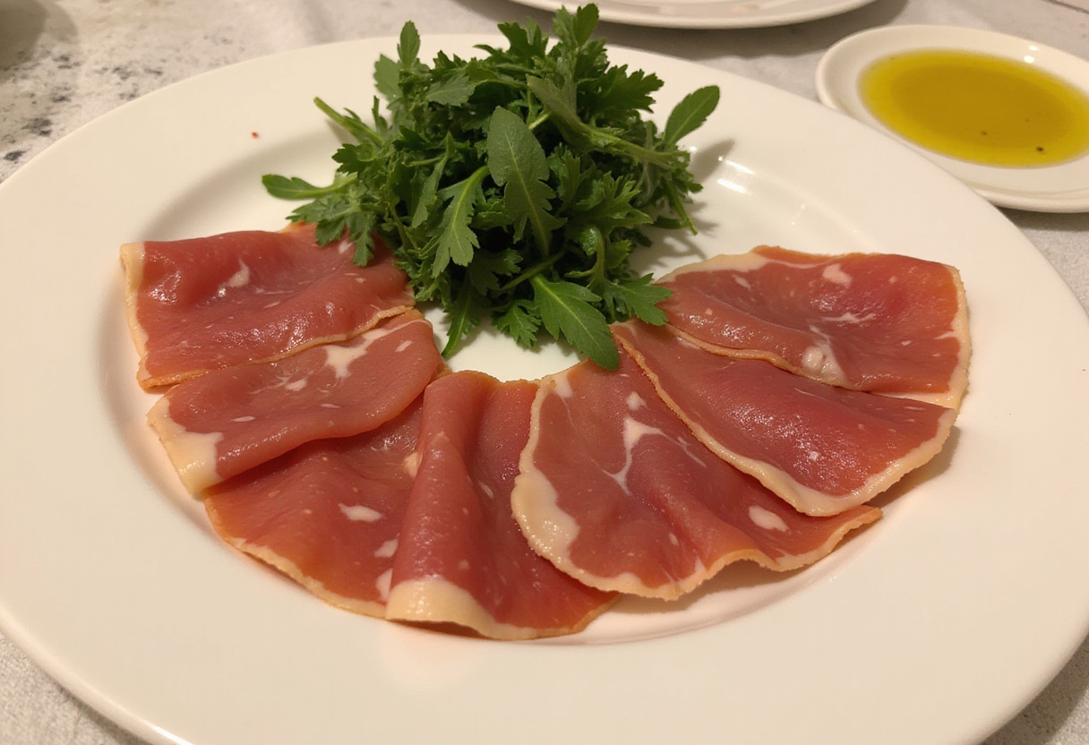 Delicately arranged prosciutto and arugula for Melon-Burrata-Prosciutto Salad, showcasing the freshness and elegance of the ingredients.