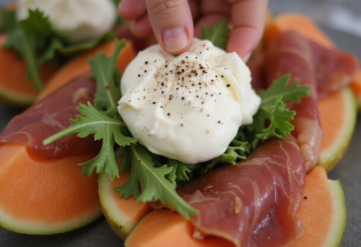 Placing burrata on melon for Melon-Burrata-Prosciutto Salad, capturing the moment of combining creamy cheese with fresh fruit.