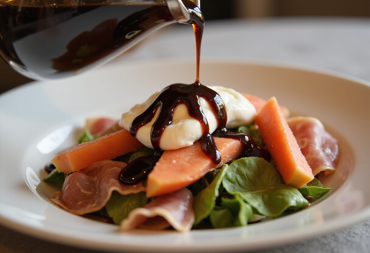 Drizzling balsamic glaze over Melon-Burrata-Prosciutto Salad, enhancing the flavors and presentation of the dish.