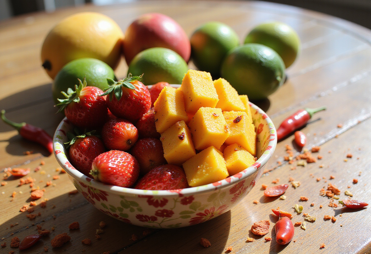 Fresh fruits for No-Cook Fruit-Chili Mocktail, including strawberries, mangoes, and limes, with colorful chili flakes for flavor infusion.