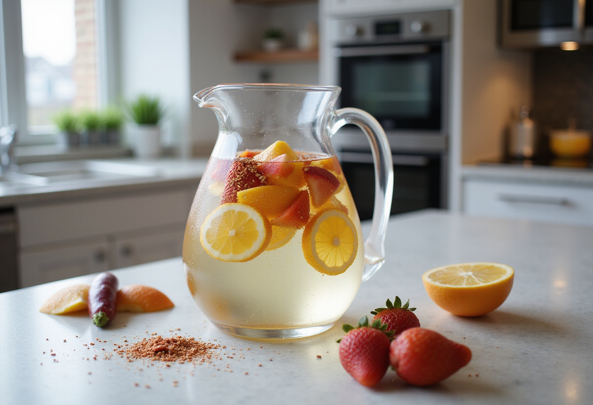 Chilled water infused with fresh fruit slices and chili flakes for a refreshing No-Cook Fruit-Chili Mocktail.