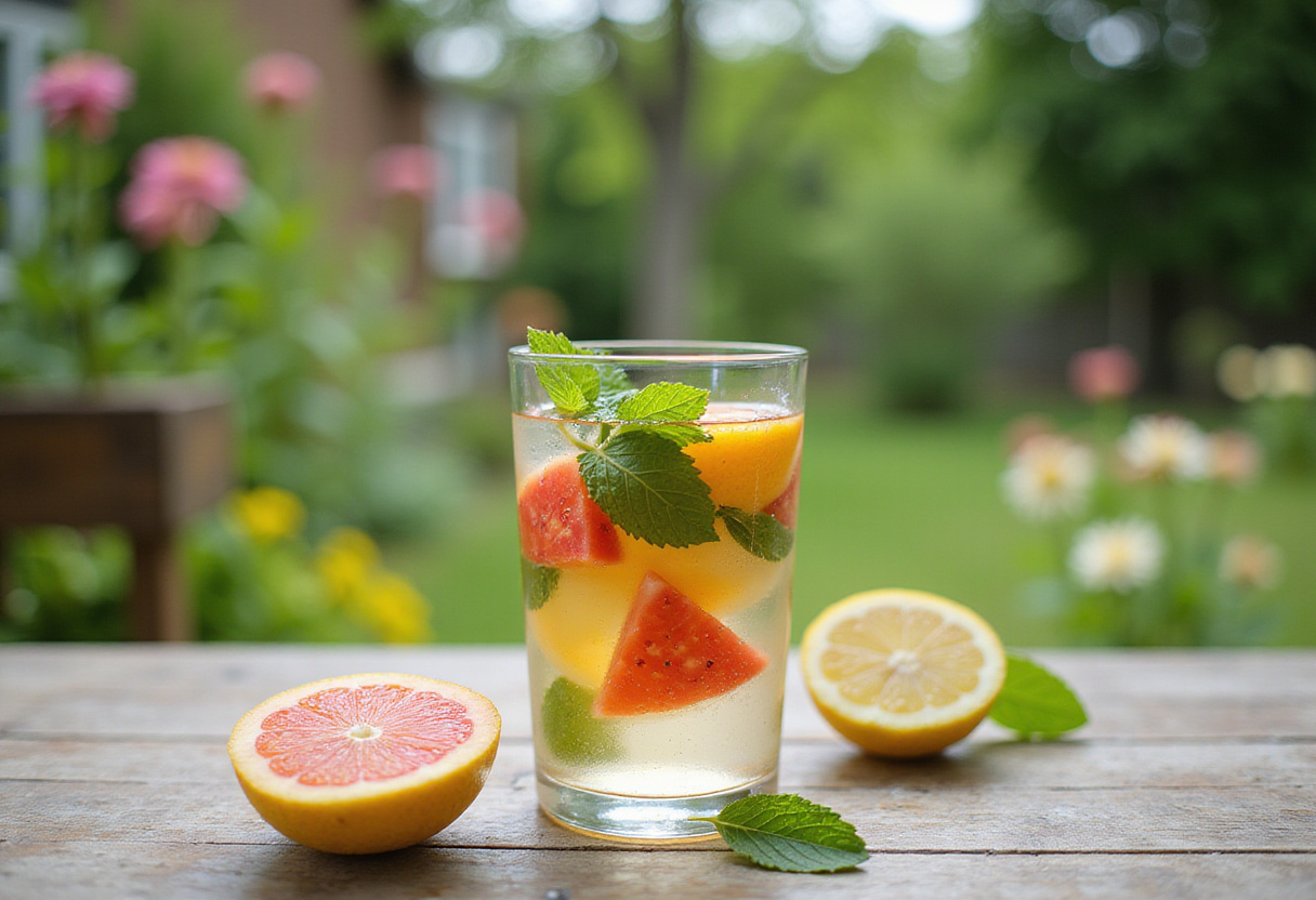 Refreshing glass of No-Cook Fruit-Chili Mocktail, visually appealing with mint leaves and fruit slices, perfect for summer gatherings.