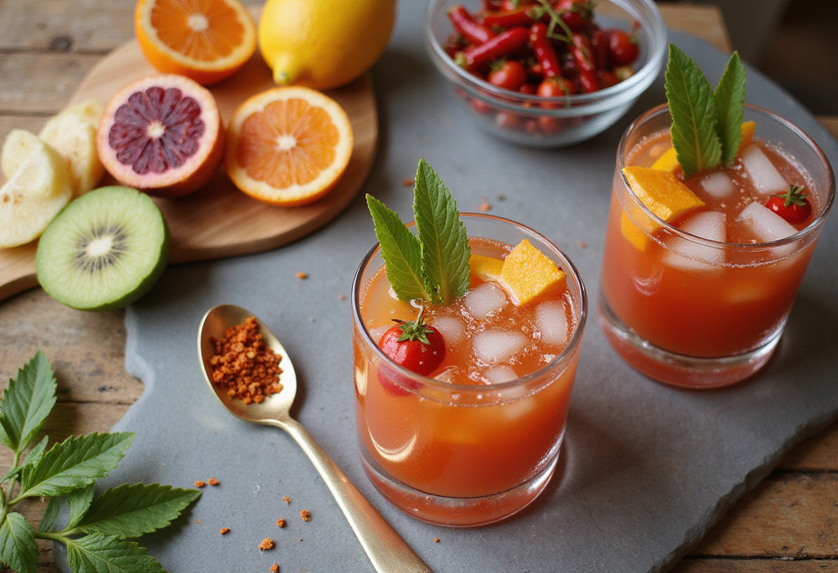 Preparation area for No-Cook Fruit-Chili Mocktail with colorful fruits and chili flakes, emphasizing the creative mocktail-making process.