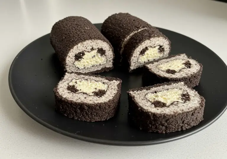 Final display of Oreo Cream Cheese Cheesecake Sushi Roll, elegantly sliced showcasing generous cream cheese filling and Oreo crust, perfect for dessert.