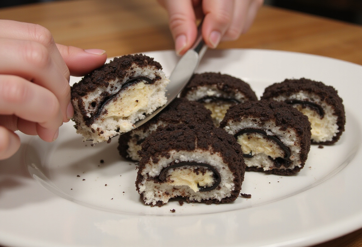 Final display of Oreo Cream Cheese Cheesecake Sushi Roll, elegantly sliced showcasing generous cream cheese filling and Oreo crust, perfect for dessert.
