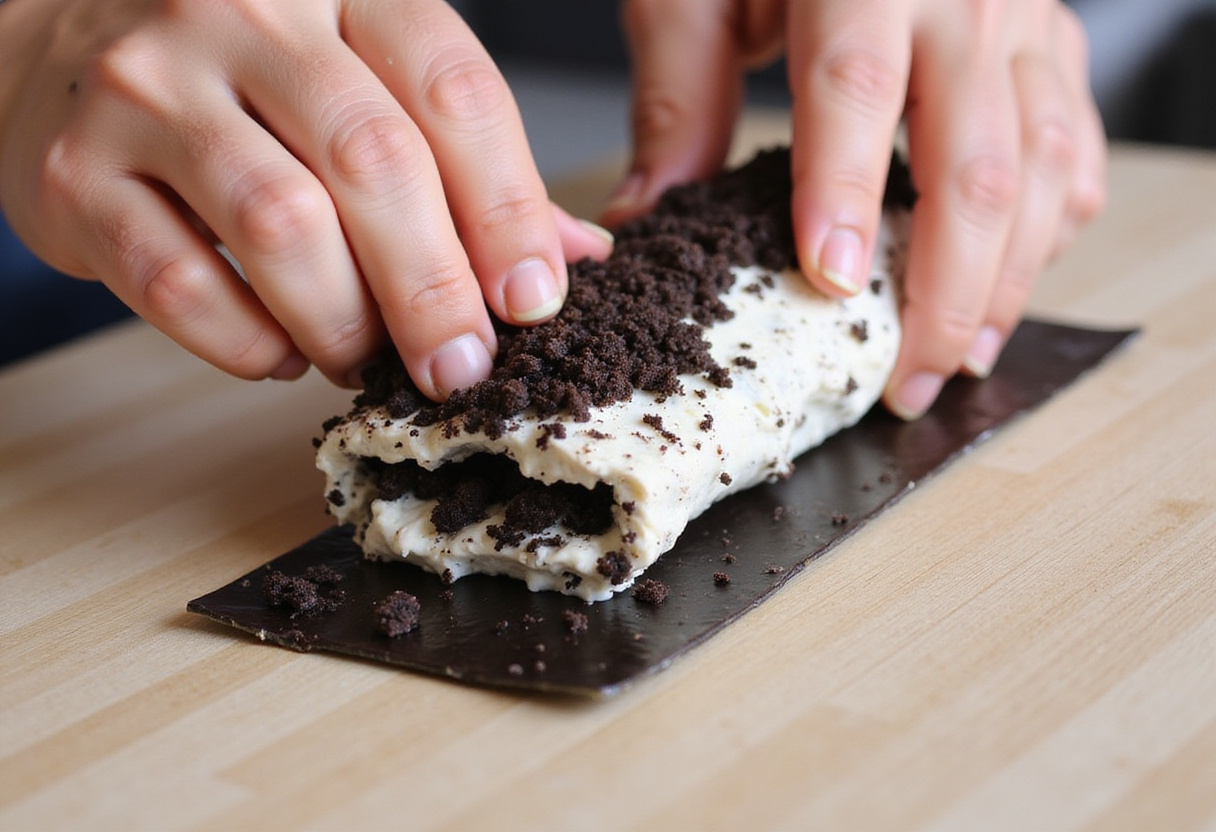 Oreo crumbs spread on cream cheese layer, sushi mat being used to roll the nori into an Oreo Cheesecake sushi roll.