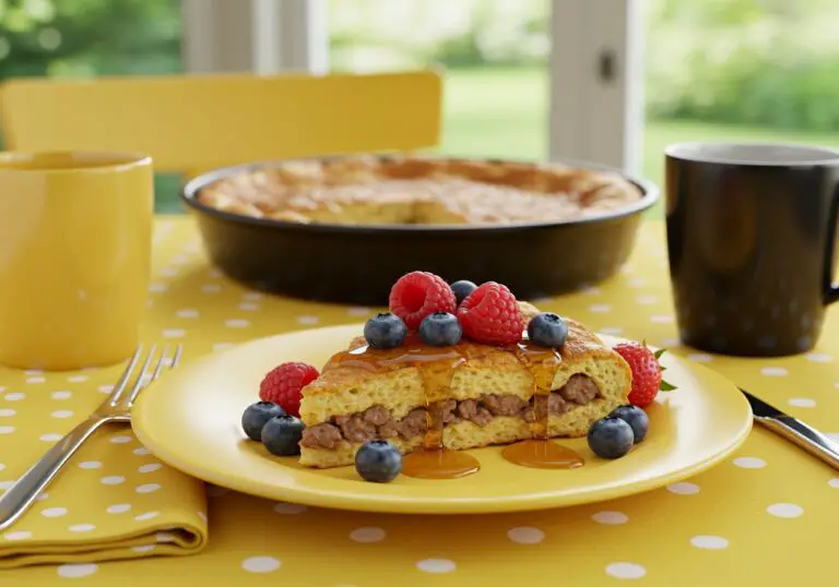 Delicious Pancake Sausage Casserole served on a plate, topped with maple syrup and berries, showcasing a perfect breakfast dish.