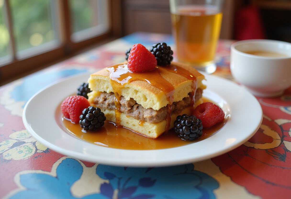 Delicious Pancake Sausage Casserole served on a plate, topped with maple syrup and berries, showcasing a perfect breakfast dish.