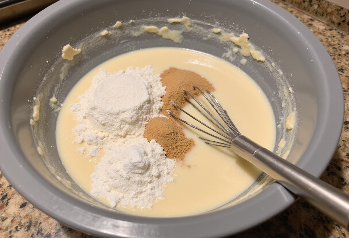 Pancake Sausage Casserole ingredients being mixed, featuring pancake batter elements like flour and baking powder for a delicious breakfast recipe.