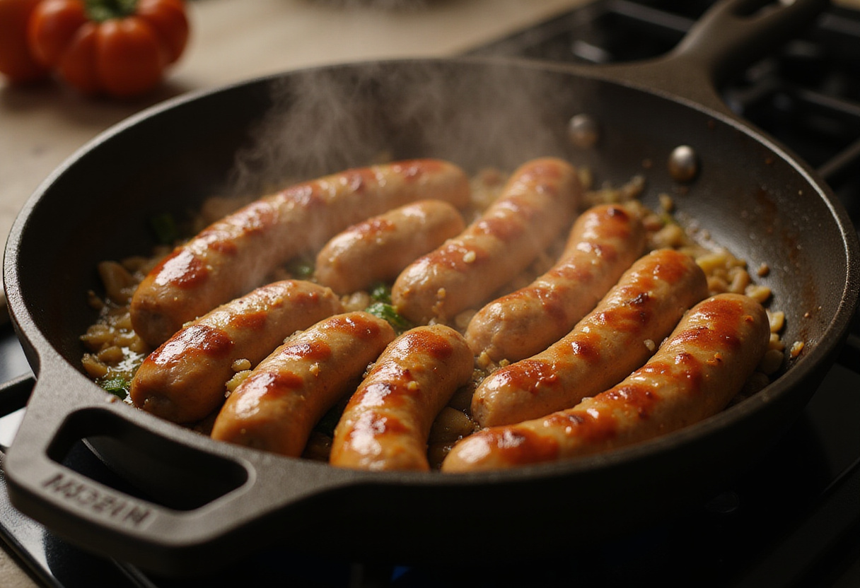 Cooking sausage links in a skillet, essential for preparing a flavorful Pancake Sausage Casserole for breakfast or brunch.