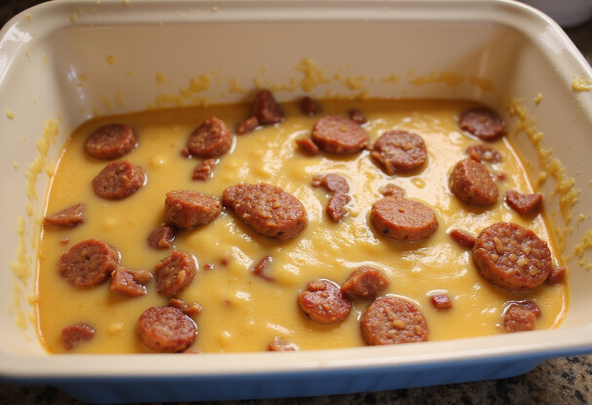Assembling the Pancake Sausage Casserole in a baking dish, with sausage and pancake batter layered together for a hearty breakfast dish.