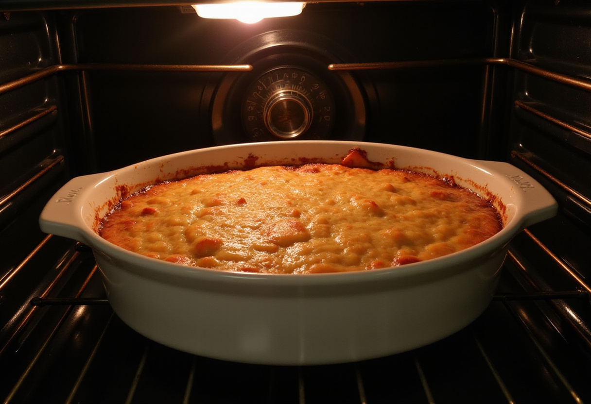 Baking Pancake Sausage Casserole in the oven, featuring a golden crust and warm kitchen ambiance for a delightful morning meal.