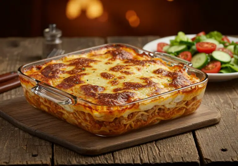 Deliciously baked Parmesan Garlic Bacon Cheeseburger Lasagna presented on a wooden table, showcasing the melty cheese and savory layers perfect for hearty meals.