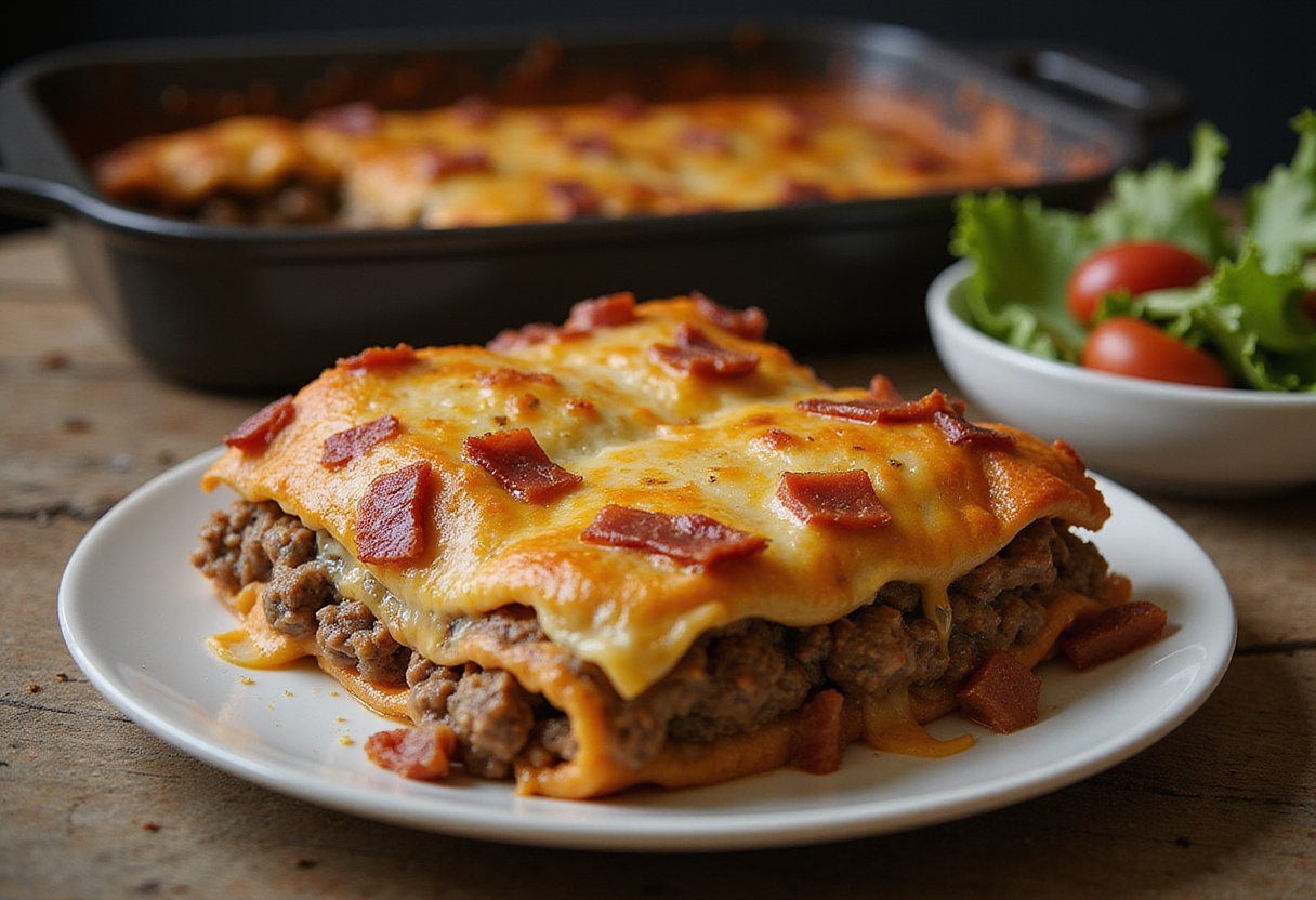 Deliciously baked Parmesan Garlic Bacon Cheeseburger Lasagna presented on a wooden table, showcasing the melty cheese and savory layers perfect for hearty meals.