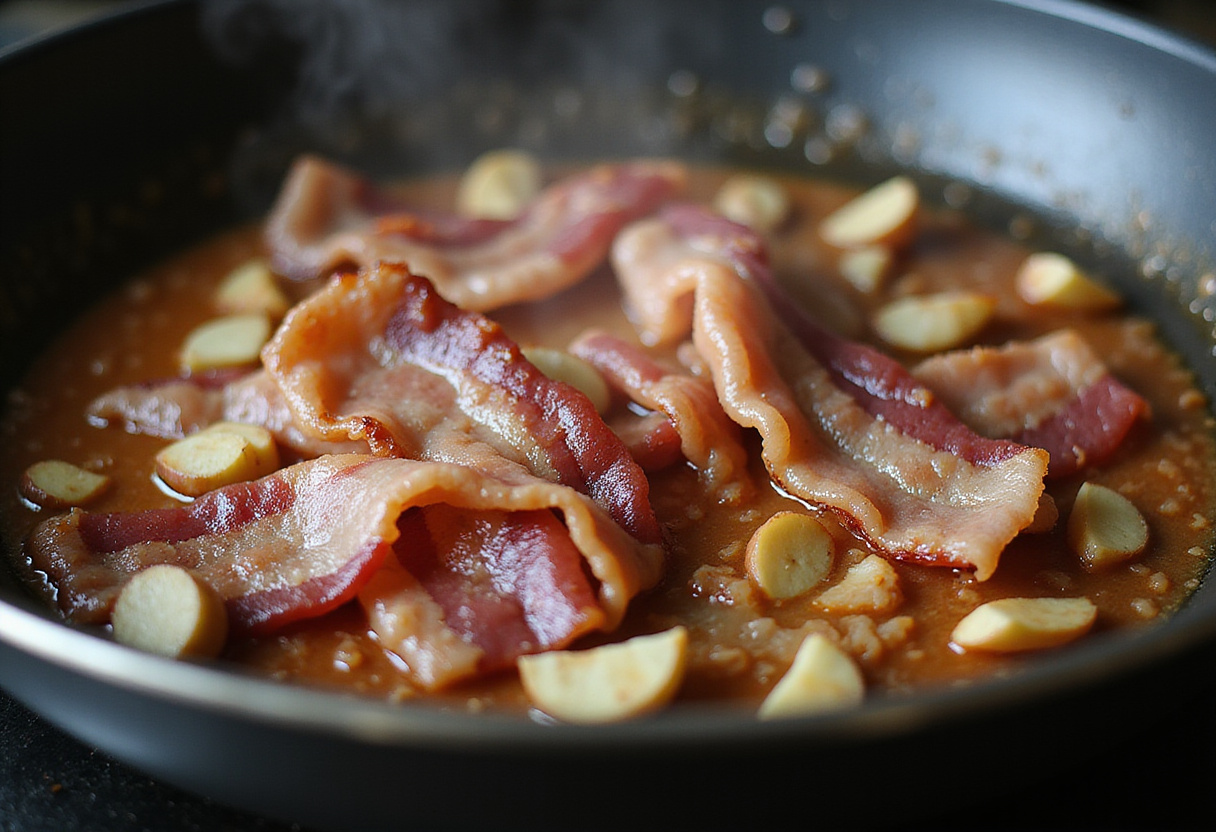 Cooking crispy bacon with garlic for Parmesan Garlic Bacon Cheeseburger Lasagna, a delicious layered recipe highlighting savory flavors.