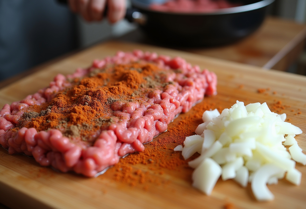 Preparing seasoned ground beef and onions for delicious Parmesan Garlic Bacon Cheeseburger Lasagna, emphasizing flavorful meat mixtures.