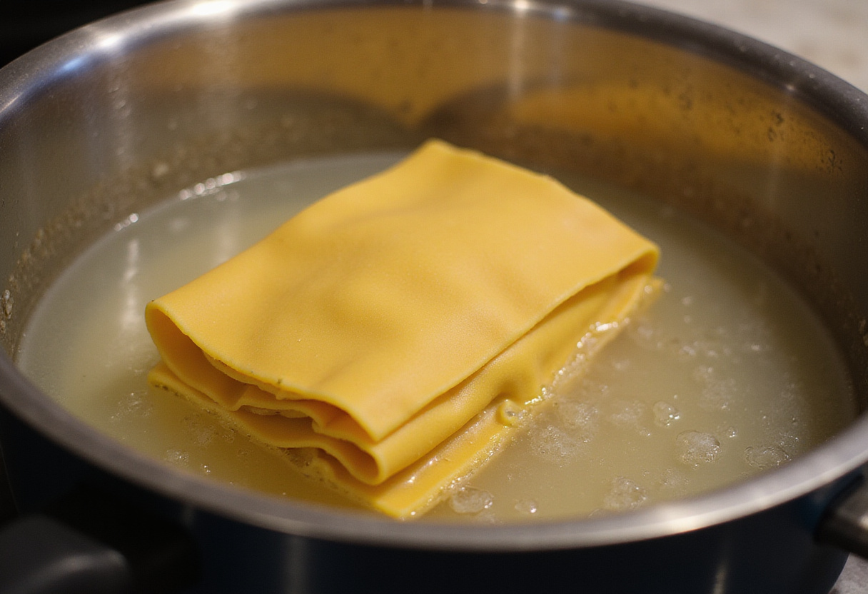 Boiling lasagna noodles for a hearty Parmesan Garlic Bacon Cheeseburger Lasagna recipe, highlighting an essential step in lasagna preparation.