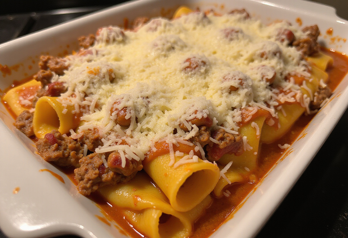 Layering ingredients for Parmesan Garlic Bacon Cheeseburger Lasagna, featuring noodles, beef, bacon, and creamy cheese sauce in preparation for baking.