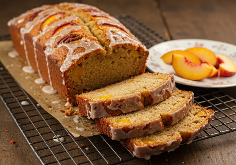 Deliciously baked peach pecan bread displayed beautifully with slices and fresh peaches, perfect for sharing or enjoying a homemade treat.