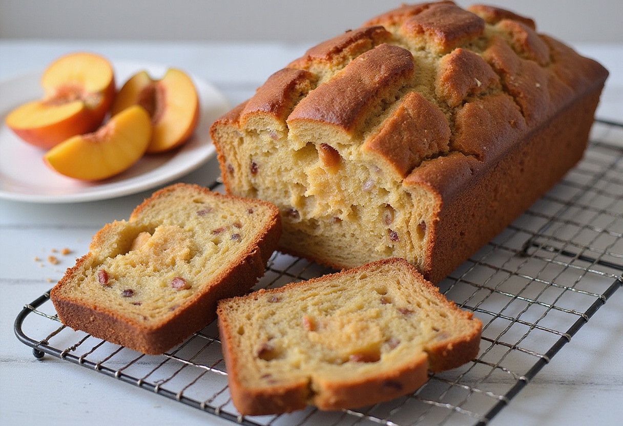 Deliciously baked peach pecan bread displayed beautifully with slices and fresh peaches, perfect for sharing or enjoying a homemade treat.
