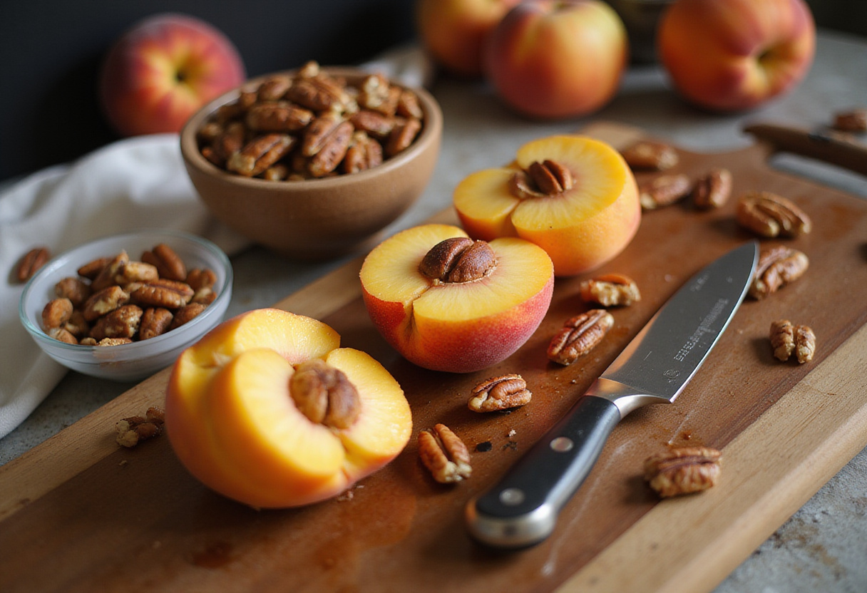 Fresh peaches ready for a homemade peach pecan bread recipe, highlighting fresh ingredients and preparation.