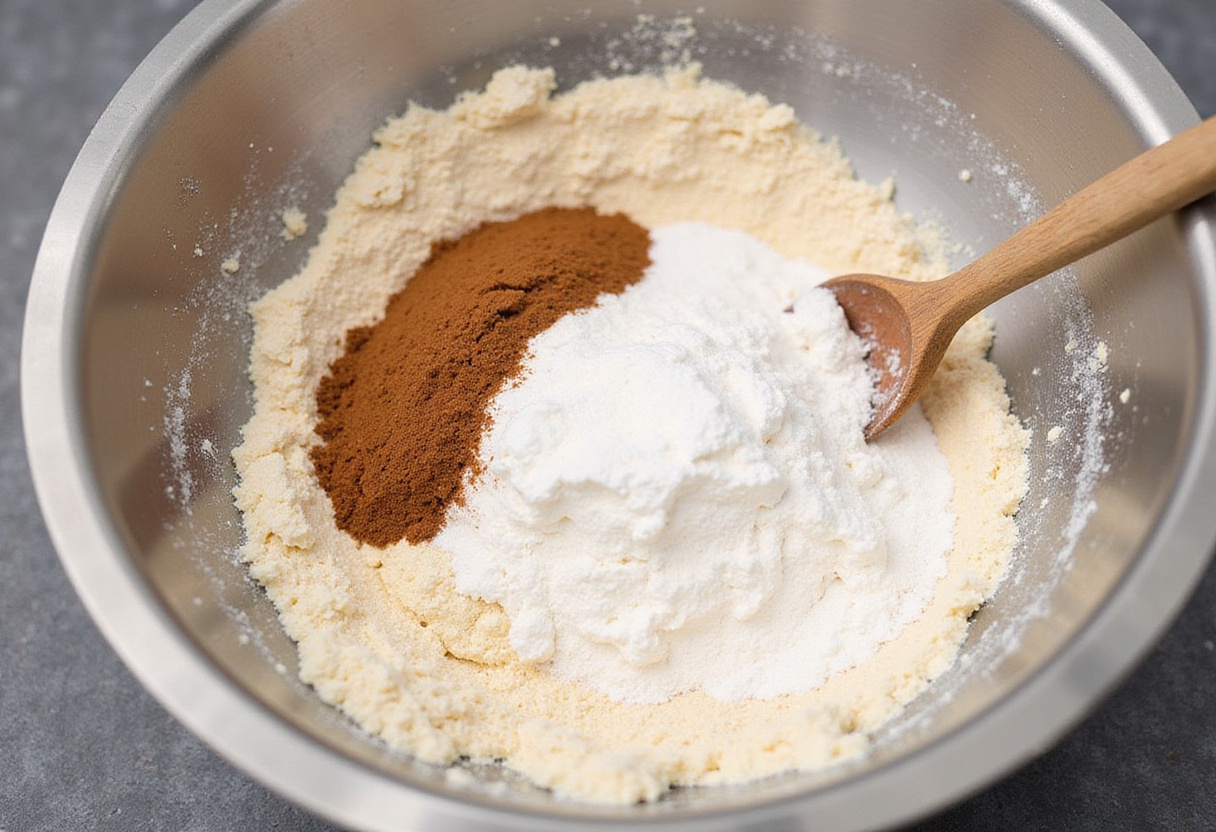Ingredients for peach pecan bread being mixed, showcasing essential baking components like flour and cinnamon for delicious flavor.