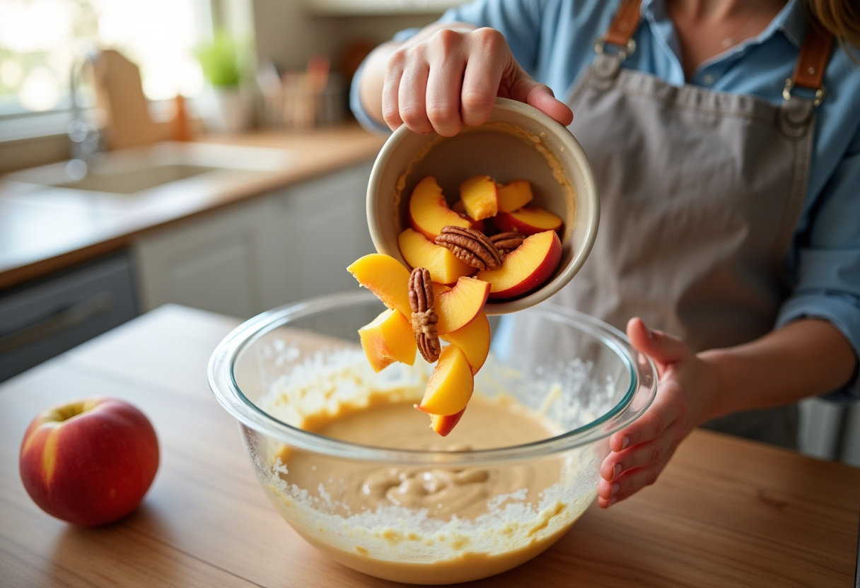 Pouring peaches and pecans into the batter for peach pecan bread, capturing the essence of homemade baking in a lively kitchen.