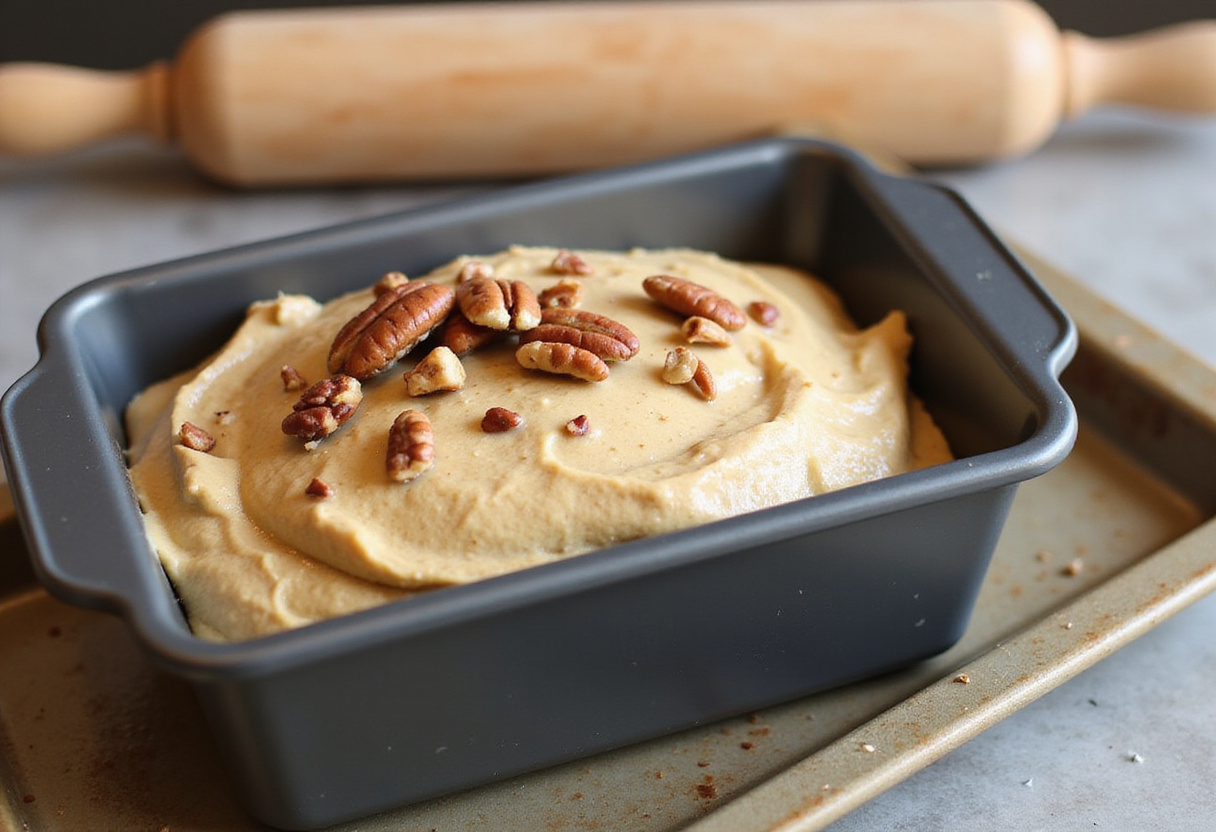 Peach pecan bread batter placed in a loaf pan, showcasing the essential steps before baking for a moist and flavorful bread.