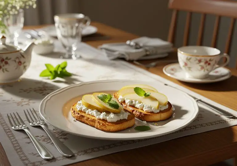 Delicious Pear & Cottage Cheese Toast served elegantly on a dining table, perfect for a delightful breakfast or snack.