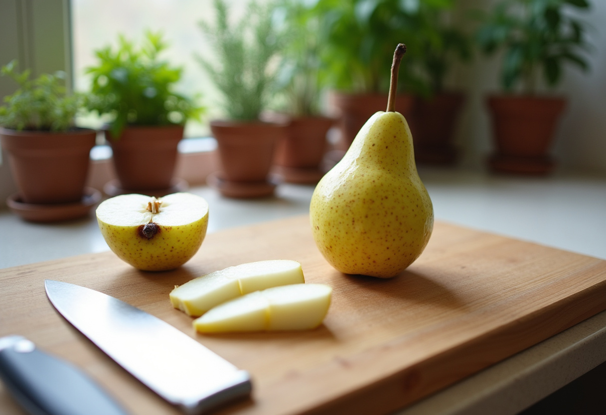 Slicing fresh pears for Pear & Cottage Cheese Toast in a bright kitchen, showcasing fresh ingredients and sunny ambiance.