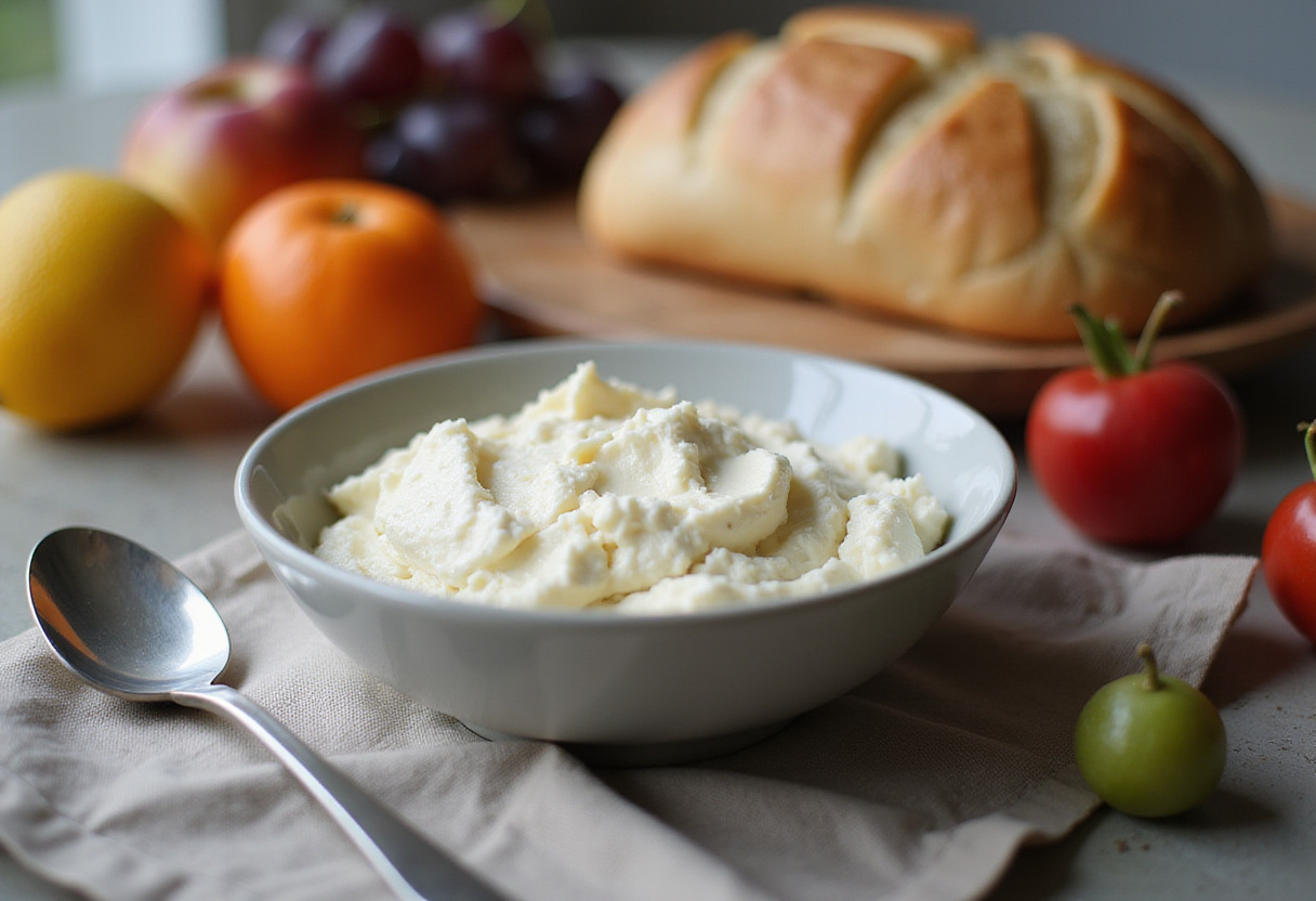 Preparing cottage cheese for Pear & Cottage Cheese Toast in a vibrant kitchen, highlighting the creamy texture and fresh ingredients.