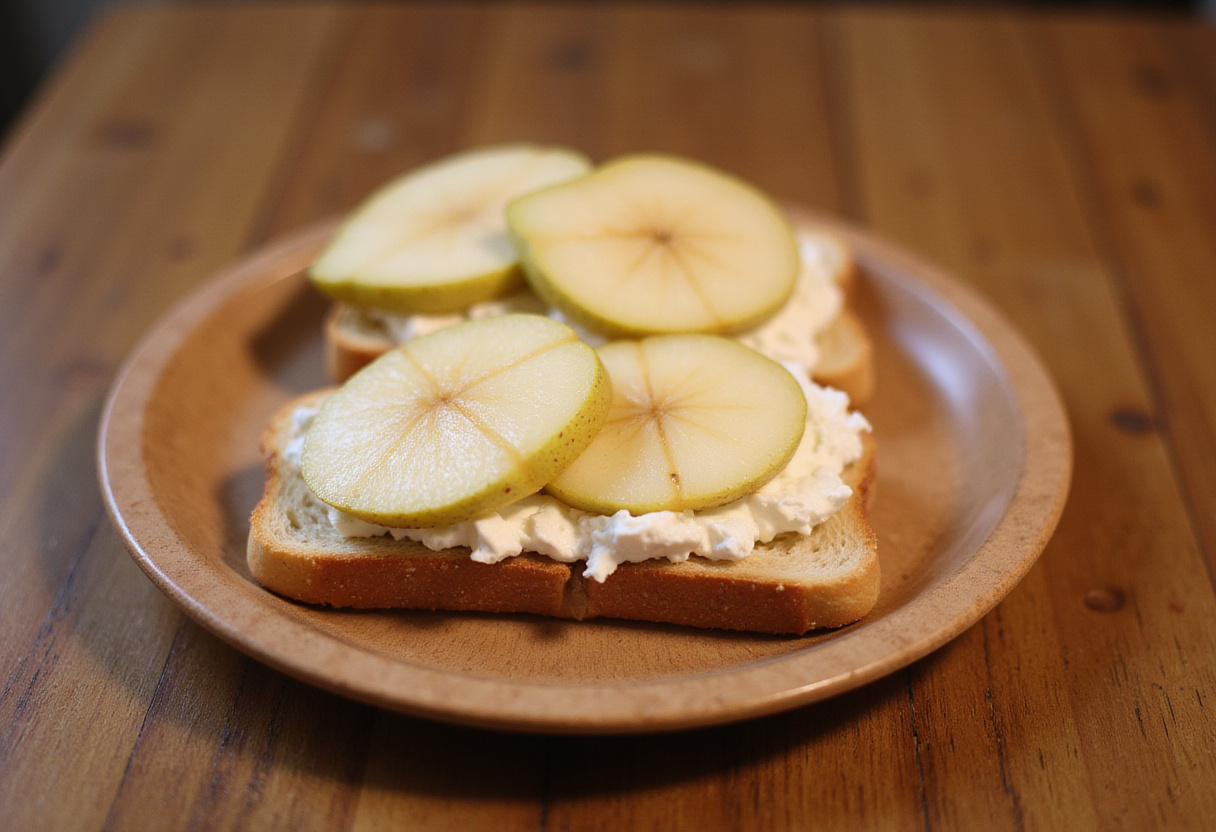 Toasting bread for Pear & Cottage Cheese Toast, beautifully spreading cottage cheese in a realistic kitchen setting.