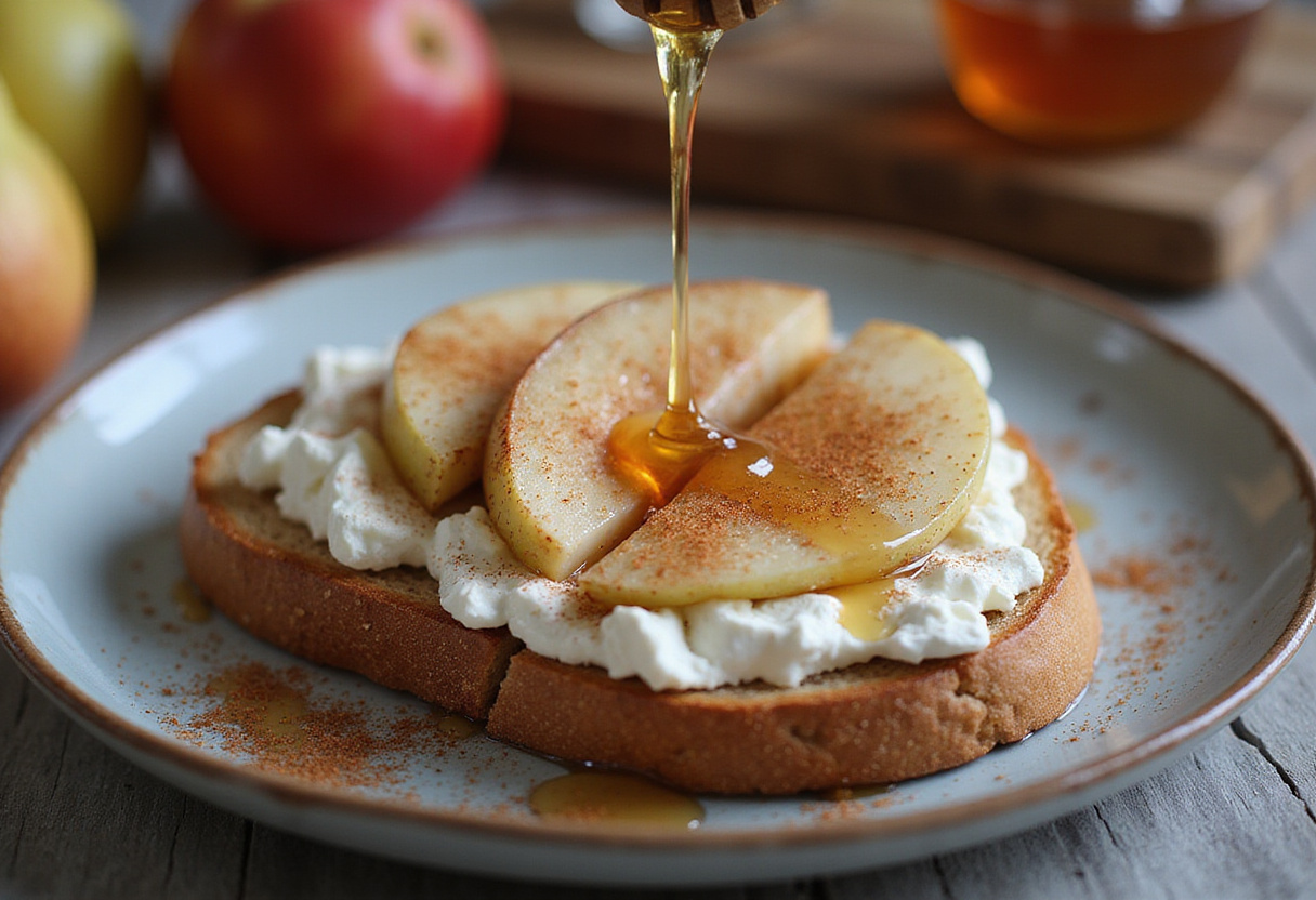 Finishing touches on Pear & Cottage Cheese Toast with honey drizzle and cinnamon, creating an appealing presentation.