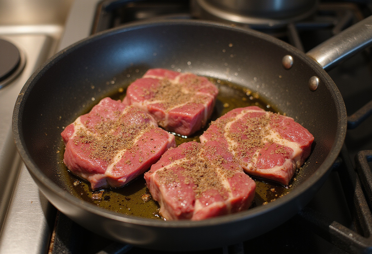 Searing beef strips for pepper steak recipe in a hot pan, showcasing the cooking process in a contemporary kitchen.