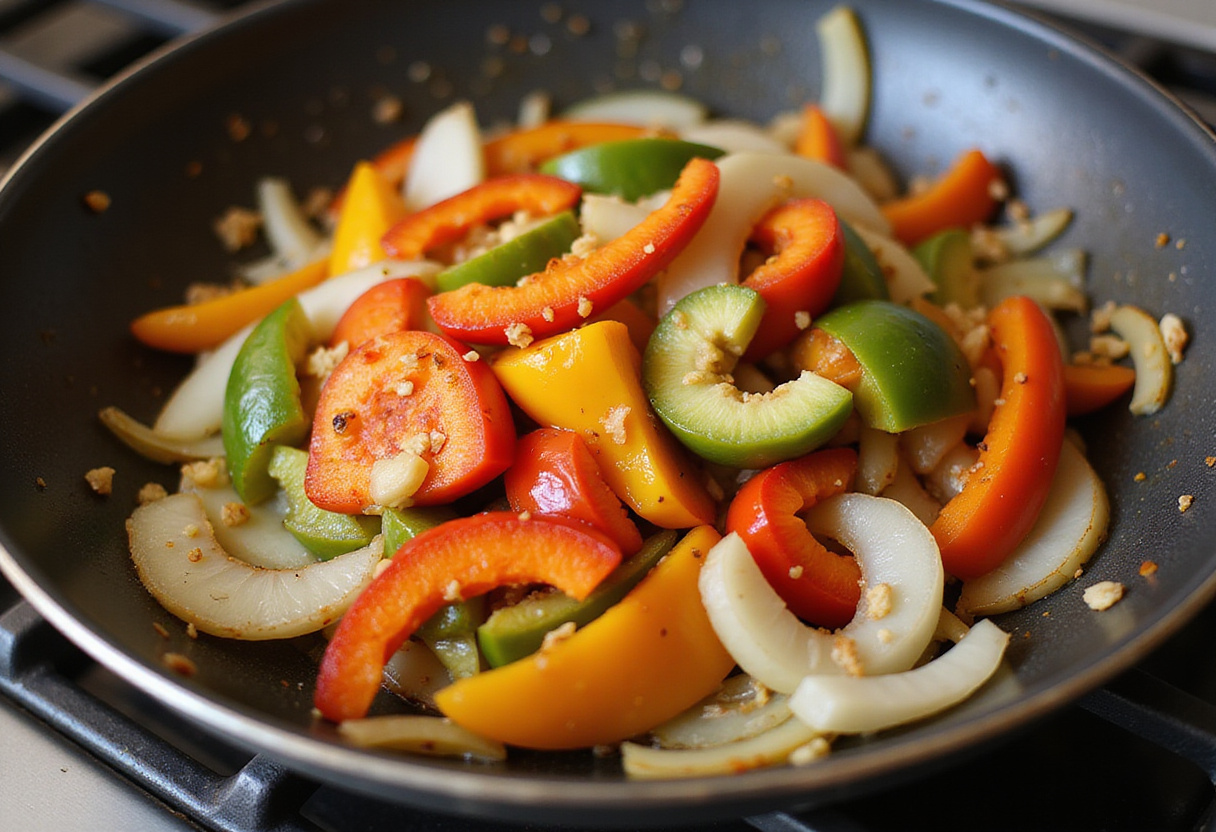 Cooking bell peppers and onions for pepper steak, capturing the vibrant colors in a sizzling pan on the stovetop.