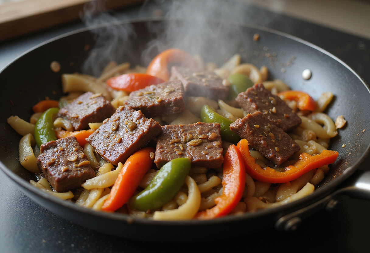 Mixing beef and sautéed vegetables for pepper steak recipe, emphasizing the delicious blend of flavors in a vibrant kitchen.