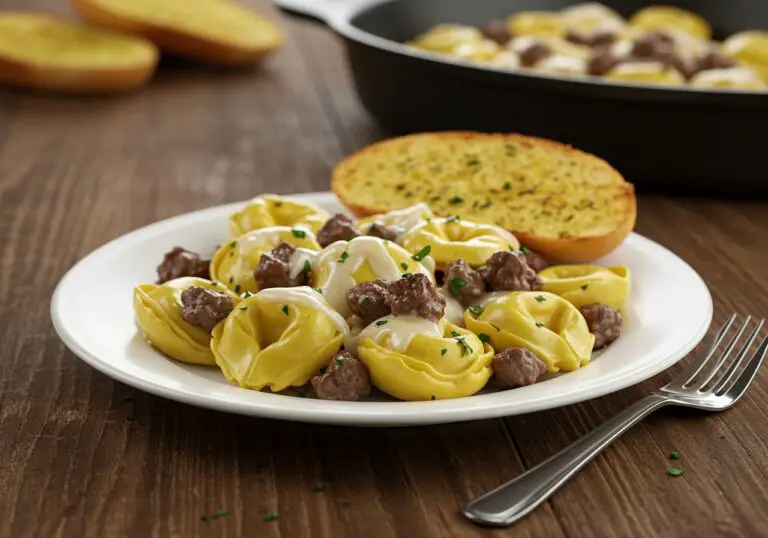 Deliciously presented Philly cheesesteak tortellini pasta with garlic bread on a rustic table, making a delightful meal for pasta enthusiasts.