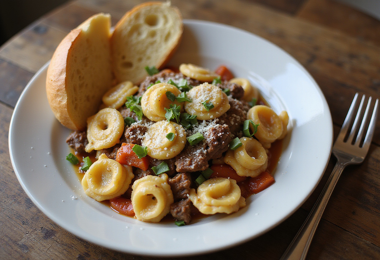 Deliciously presented Philly cheesesteak tortellini pasta with garlic bread on a rustic table, making a delightful meal for pasta enthusiasts.