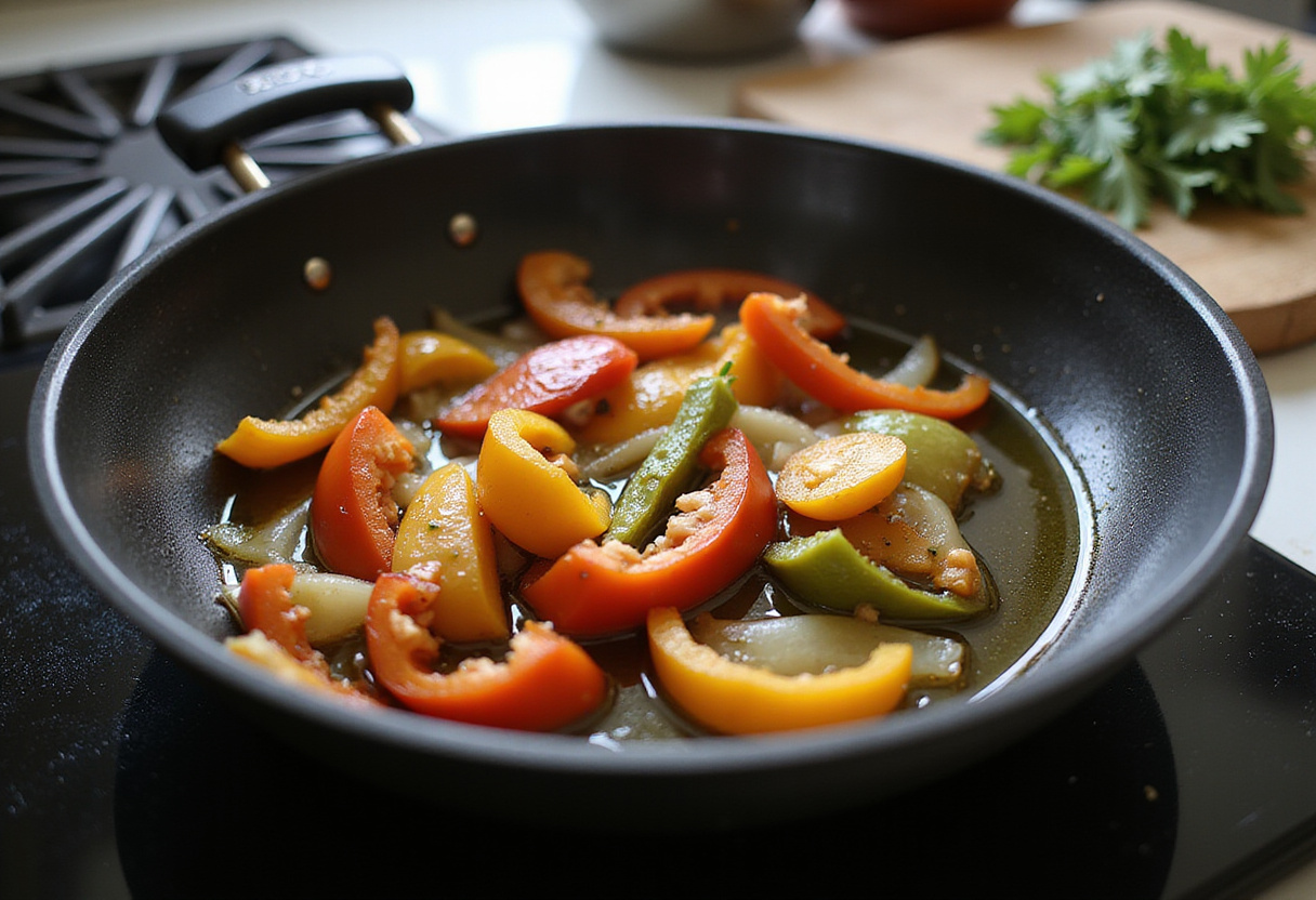 A skillet with sautรฉed bell peppers and onions for Philly cheesesteak tortellini pasta, colorful vegetables in a lively kitchen.