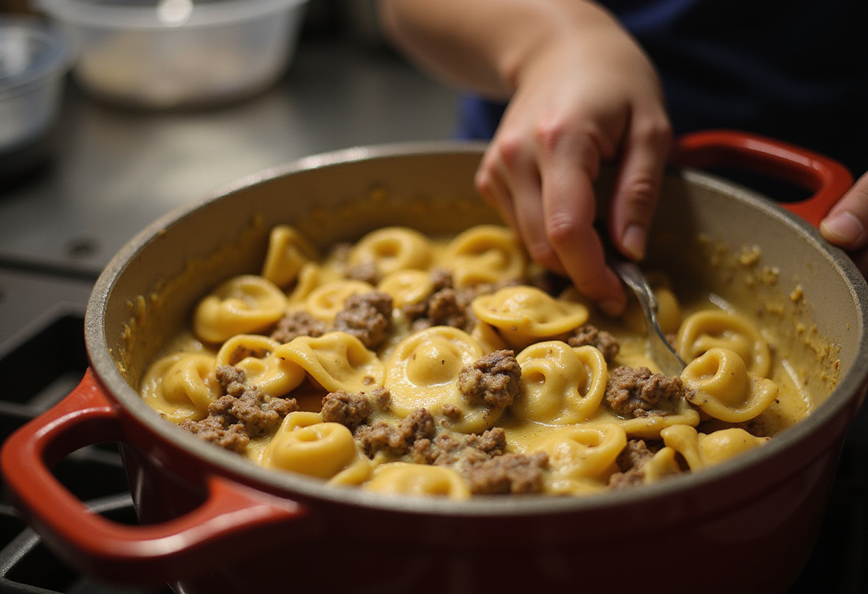 Stirring tortellini pasta with seasoned beef in a pot, preparing a delicious Philly cheesesteak tortellini dish with gooey cheese.
