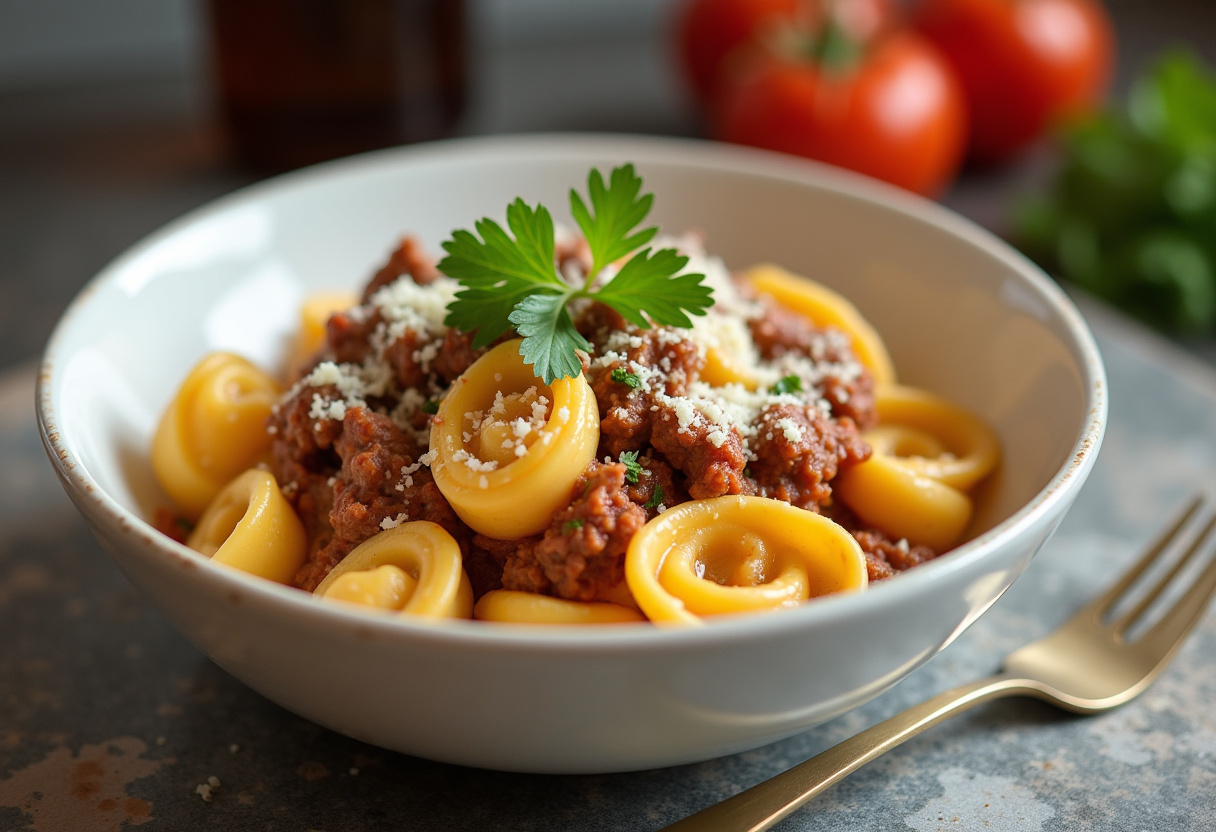 A bowl of Philly cheesesteak tortellini pasta brimming with rich flavors and garnished with fresh parsley, ideal for pasta lovers.